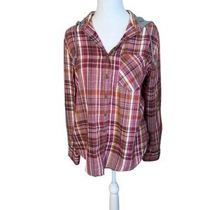 Mudd Juniors Pink Grey Multicolor Tartan Plaid Button Up Hooded Flannel‎ Medium
